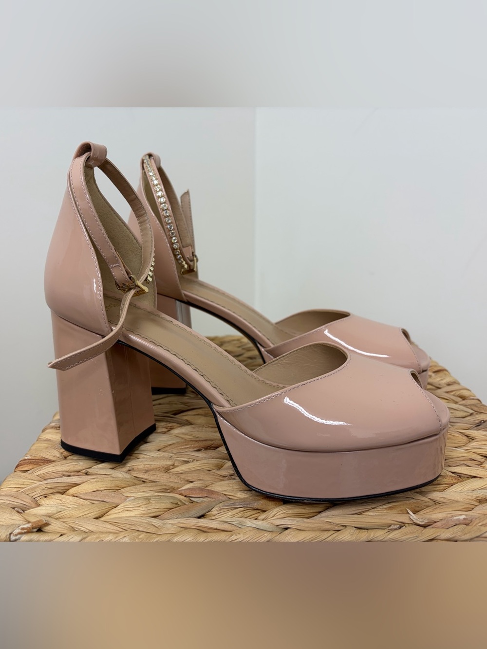 Maje Nude/Blush Patent Platform Slingback Heels with Crystal Ankle Strap